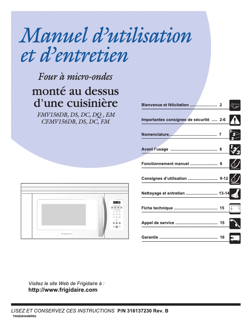 Page n°1 - Manuel utilisateur Frigidaire FMV156EM