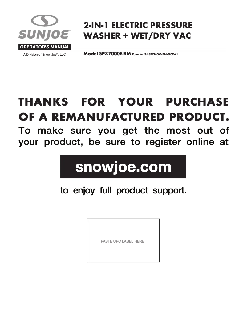 Page 1 de la notice Manuel utilisateur Sun Joe SPX7000E-RM