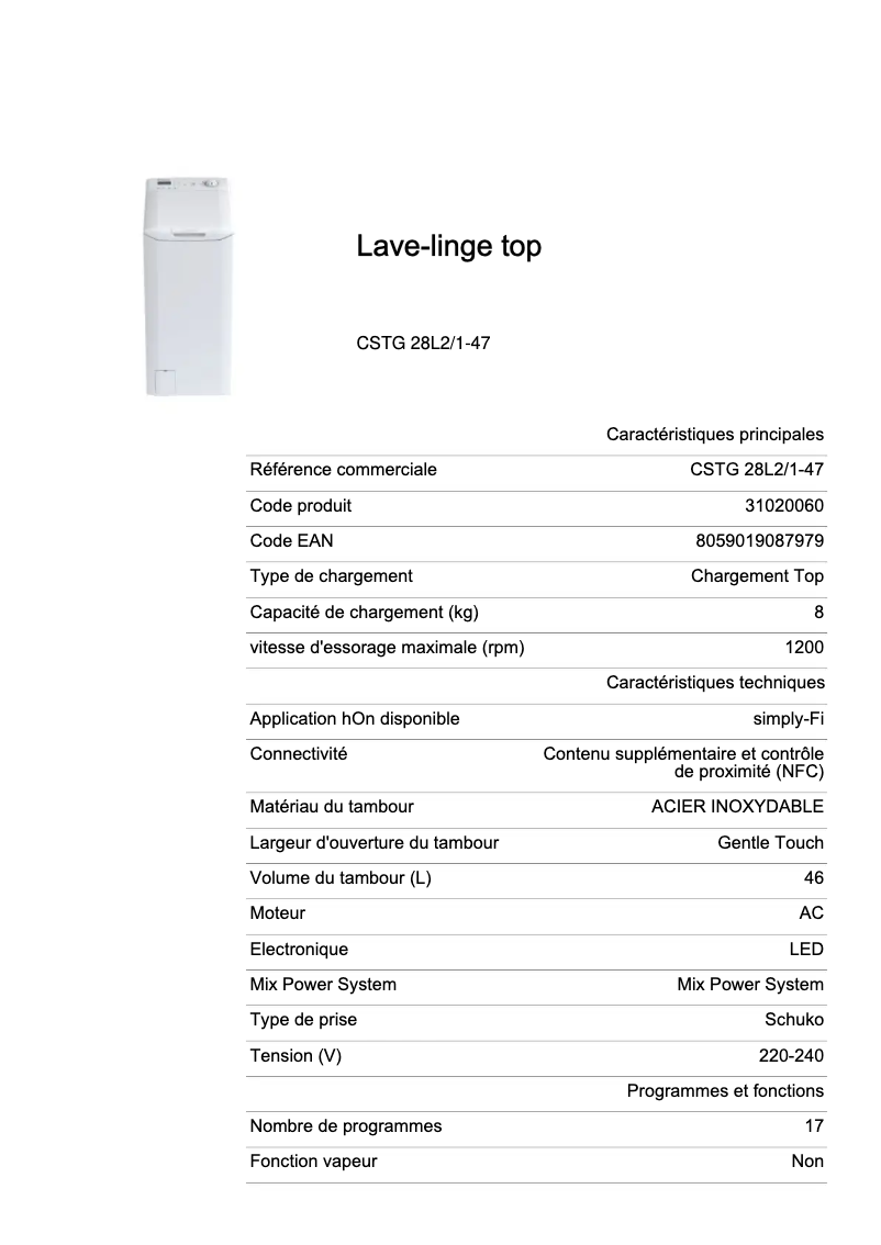 Page 1 de la notice Fiche technique Candy CSTG 28L2/1-47
