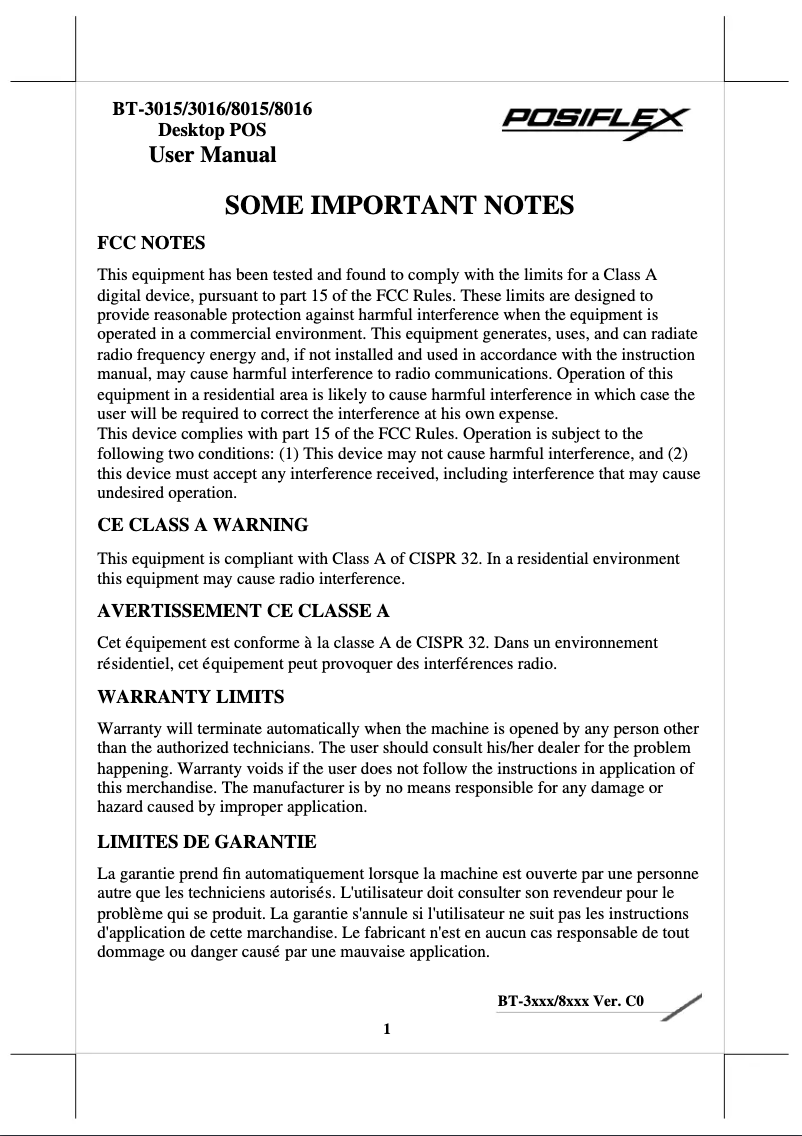 Page 1 de la notice Manuel utilisateur Posiflex BT-8016