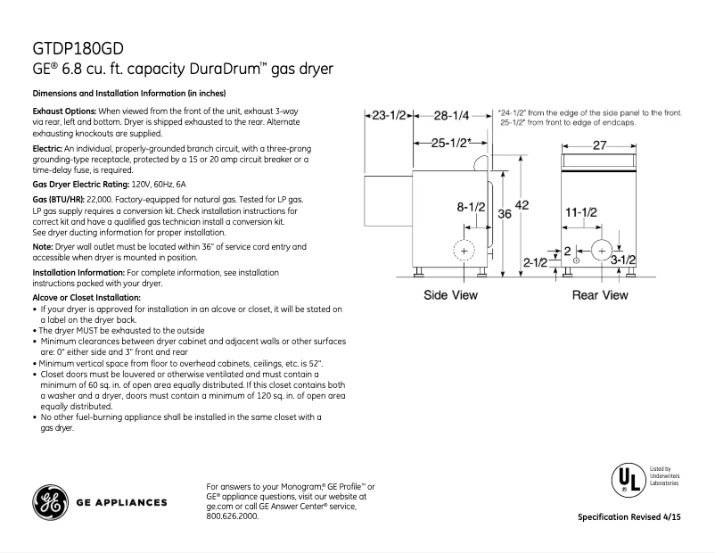 Page n°1 - Fiche technique GE GTDP180GDWW