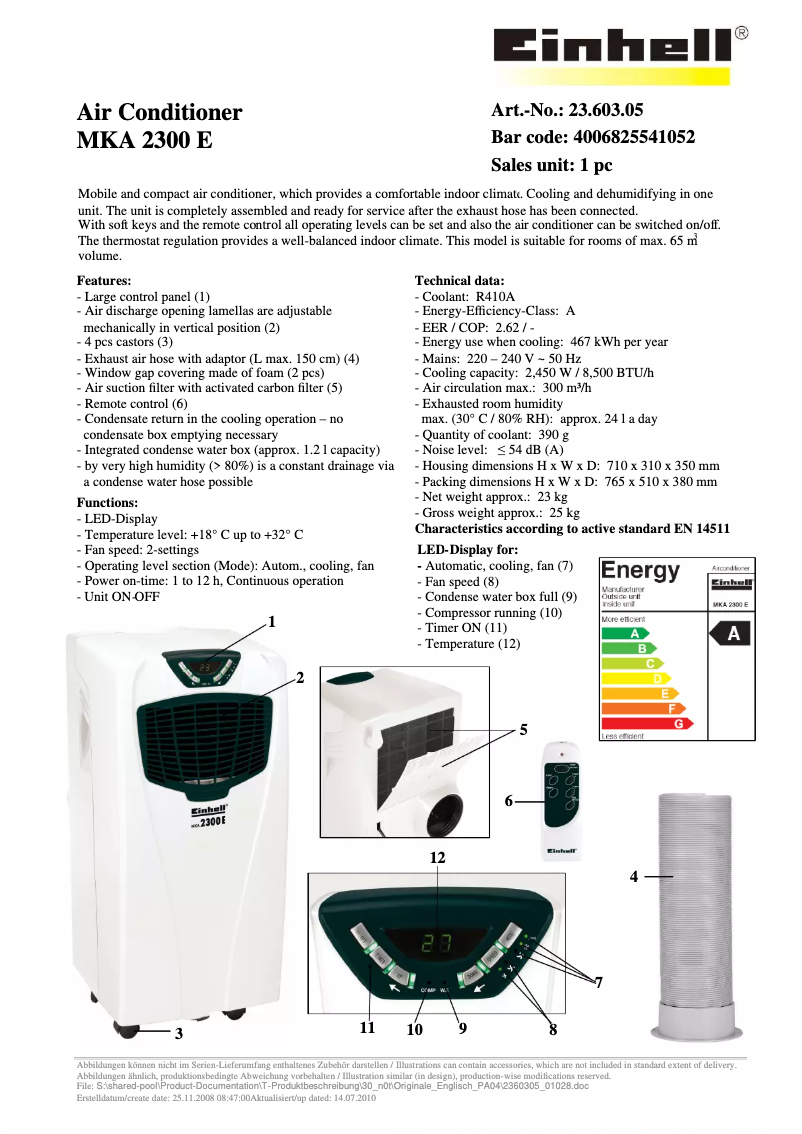 Page 1 de la notice Fiche technique Einhell MKA 2300 E