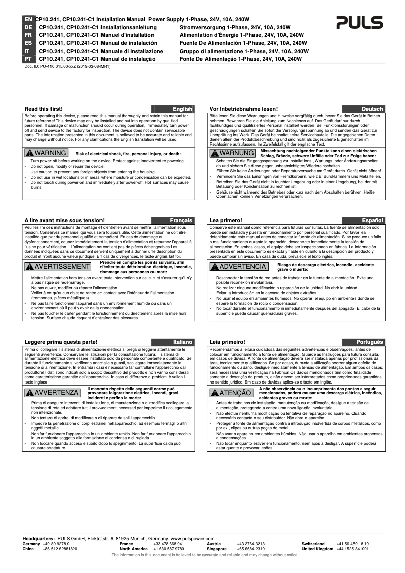 Page n°1 - Manuel utilisateur Puls Dimension CP10.241