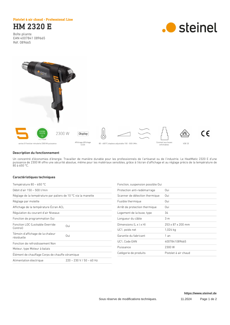 Page 1 de la notice Fiche technique Steinel HM 2320 E