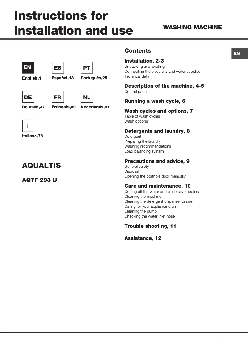Page n°1 - Manuel utilisateur Hotpoint Ariston Aqualtis AQ7F 293 U (EU)