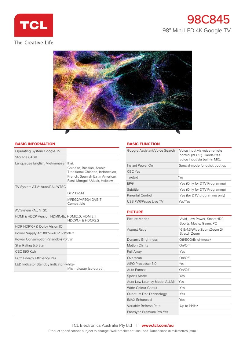 Page 1 de la notice Fiche technique TCL 98C845
