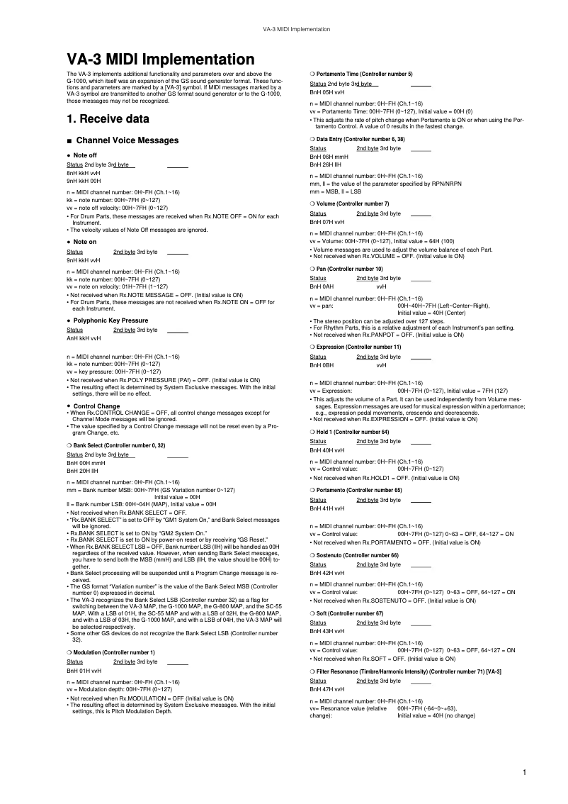 Page 1 de la notice Manuel utilisateur Roland VA-3