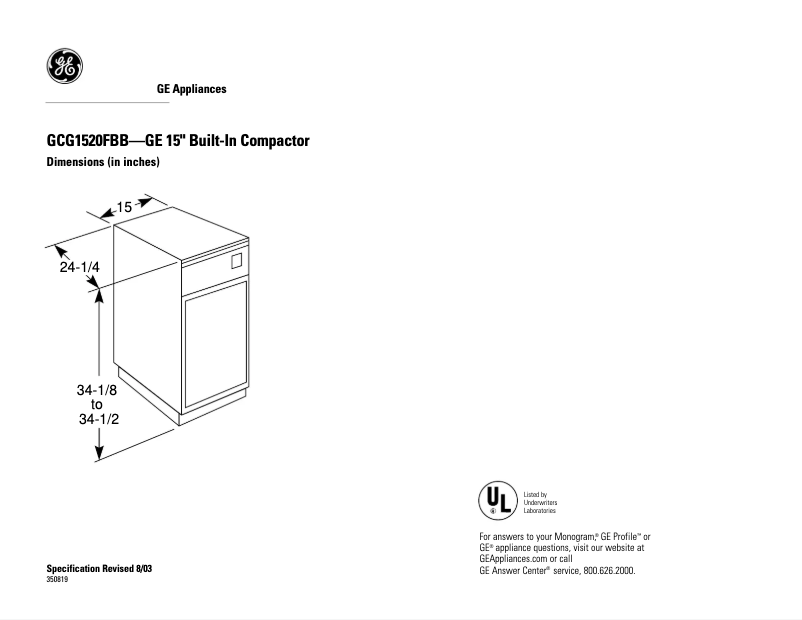 Page n°1 - Fiche technique GE Profile GCG1520FBB