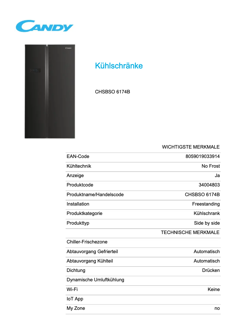 Page 1 de la notice Fiche technique Candy CHSBSO 6174B