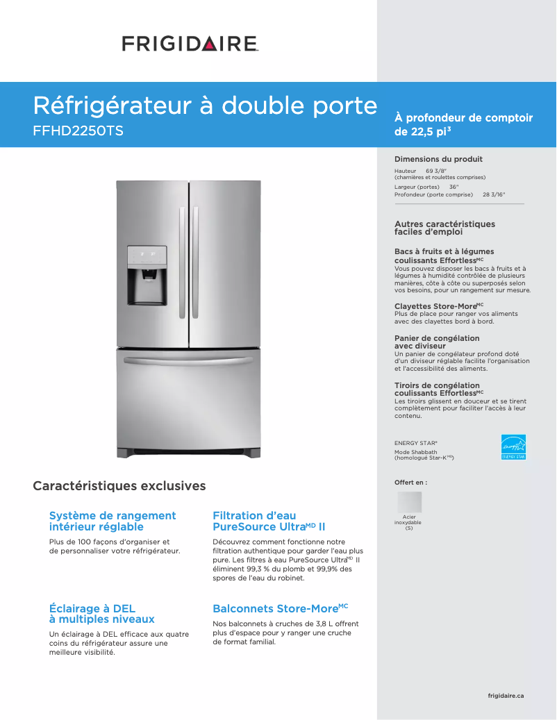 Page n°1 - Fiche technique Frigidaire FFHD2250TS