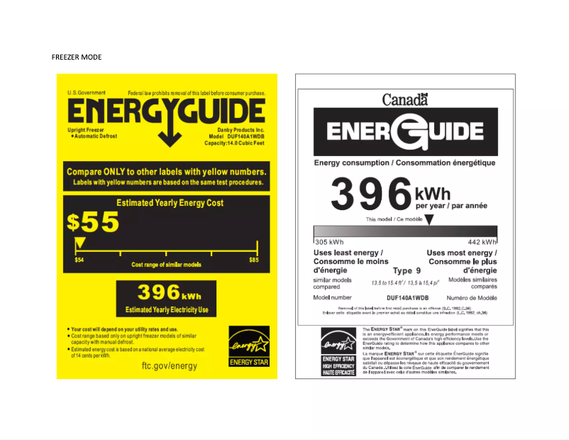 Page 1 de la notice Label énergétique Danby DUF140A1WDB