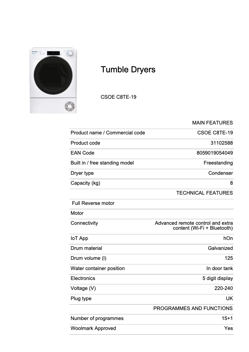 Page 1 de la notice Fiche technique Candy CSOE C8TBE-19