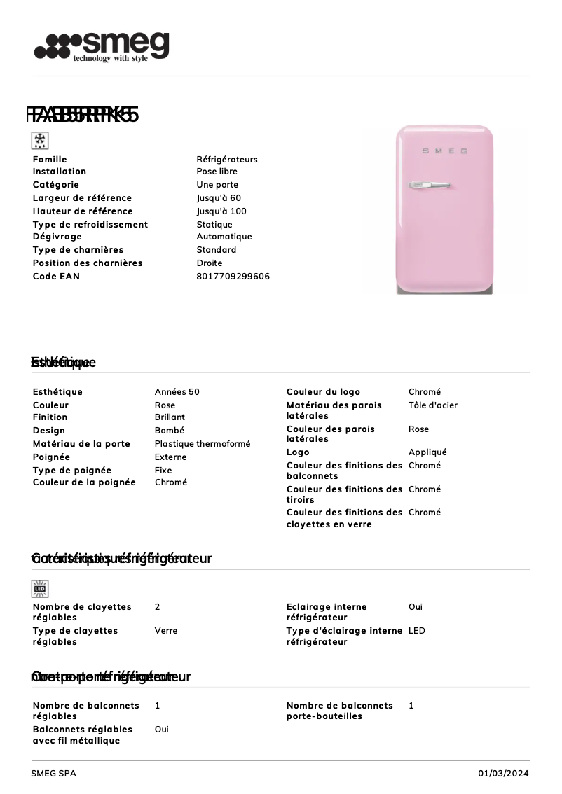 Page n°1 - Fiche technique Smeg FAB5RPK5