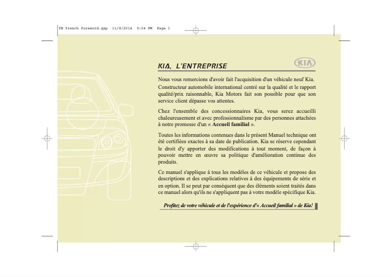 Page 1 de la notice Manuel utilisateur Kia Venga (2015)