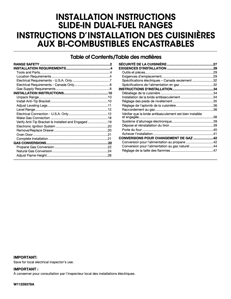 Page 1 de la notice Guide d'installation JennAir JDS1450FS