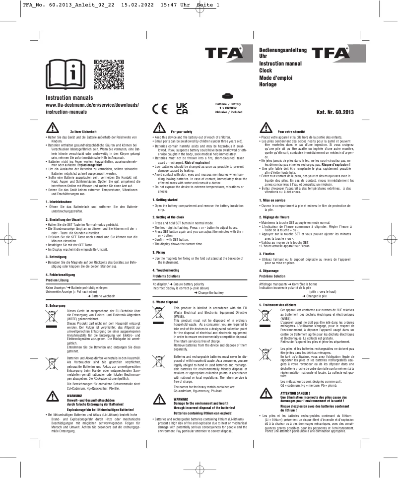 Page 1 de la notice Manuel utilisateur TFA 60.2013.01