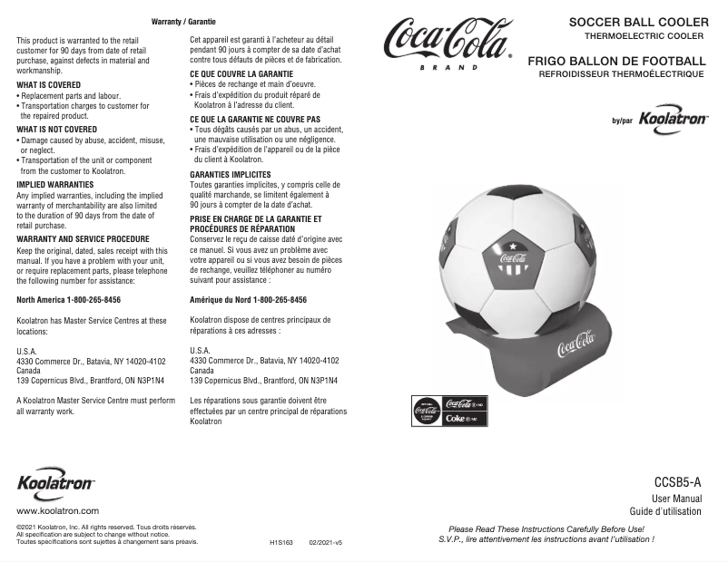 Page 1 de la notice Manuel utilisateur Coca-Cola CCSB5-A