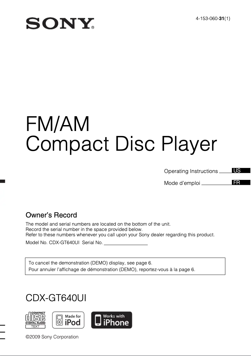 Page n°1 - Manuel utilisateur Sony CDX-GT640UI