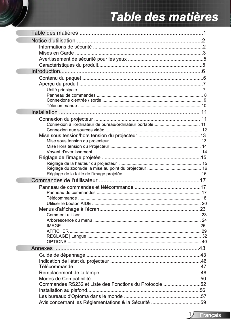 Page 1 de la notice Manuel utilisateur Optoma EH1020