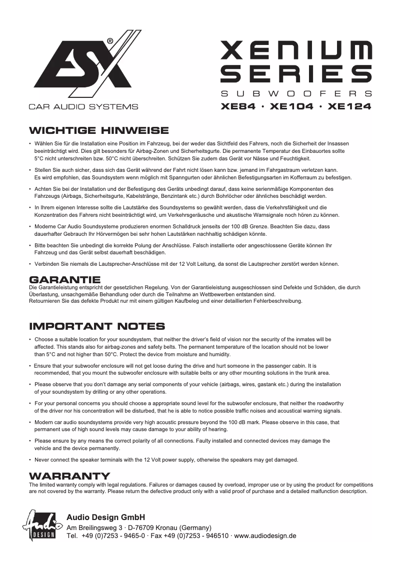 Page 1 de la notice Manuel utilisateur ESX Xenium XE-124