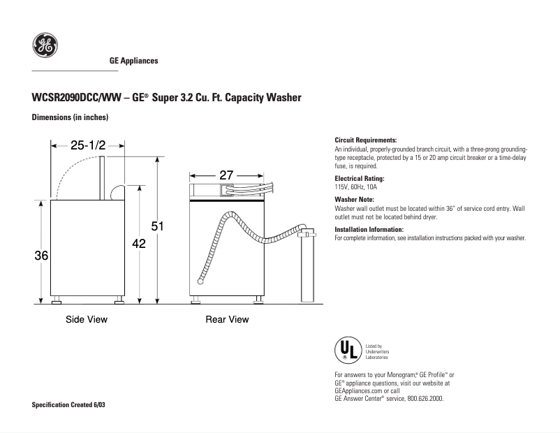 Page n°1 - Fiche technique GE WCSR2090DWW