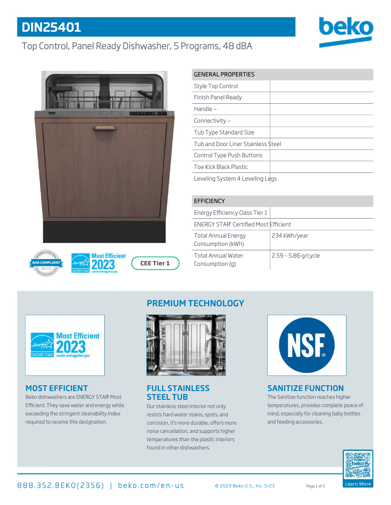 Page 1 de la notice Fiche technique Beko DIN25401