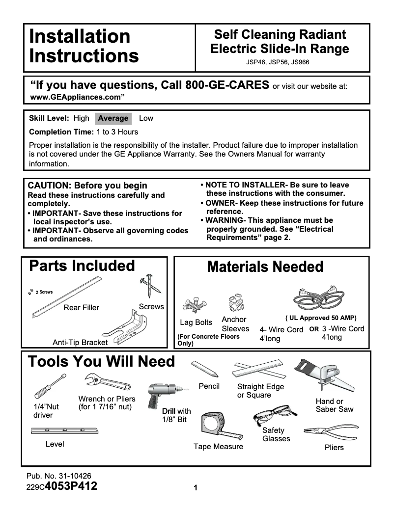 Page n°1 - Guide d'installation GE Profile JS966KDCC