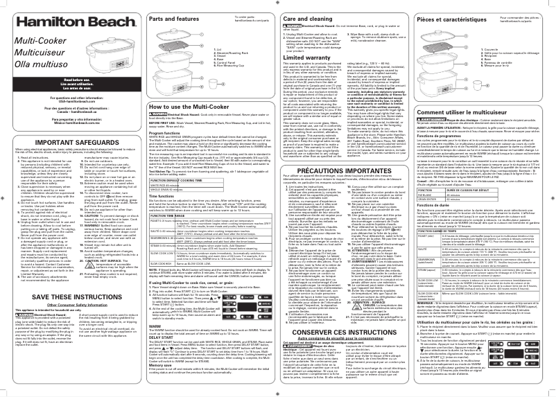 Page n°1 - Manuel d'utilisation et d'entretien Hamilton Beach 33065