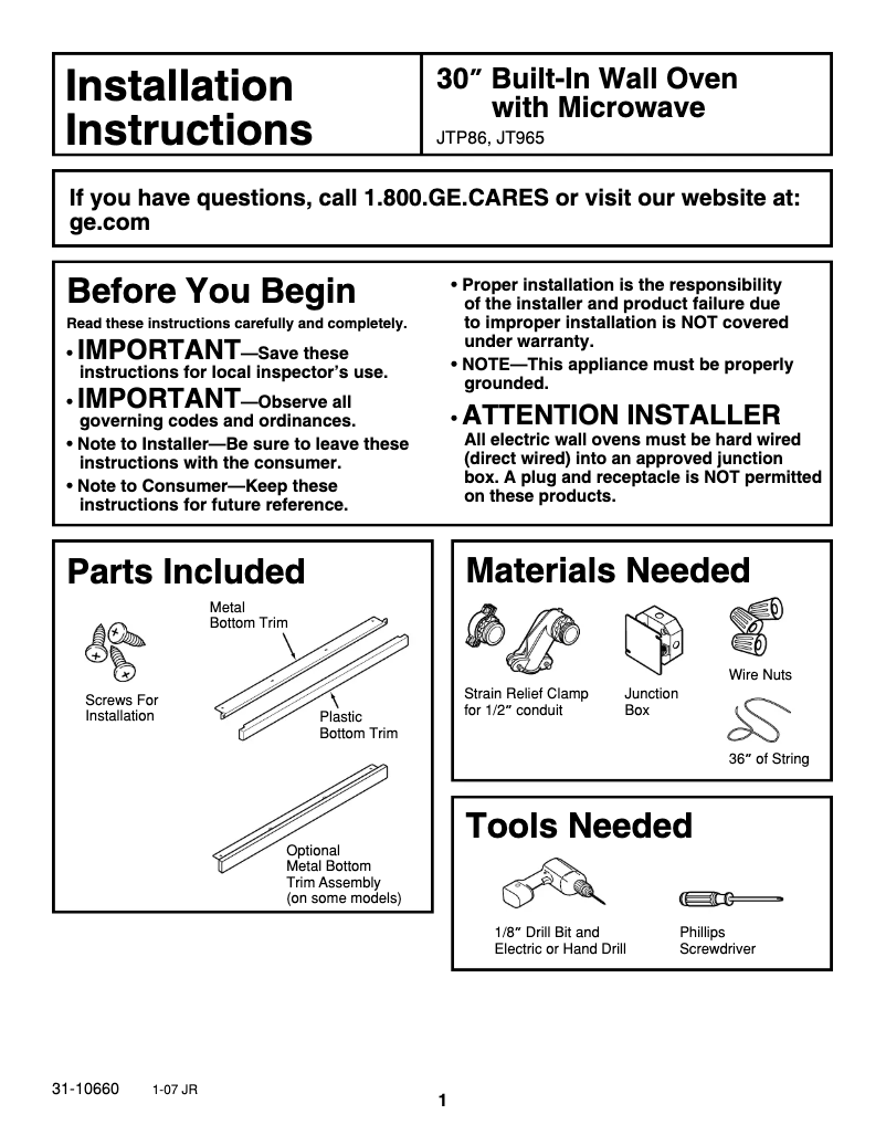 Page n°1 - Guide d'installation GE Profile JT965SKSS