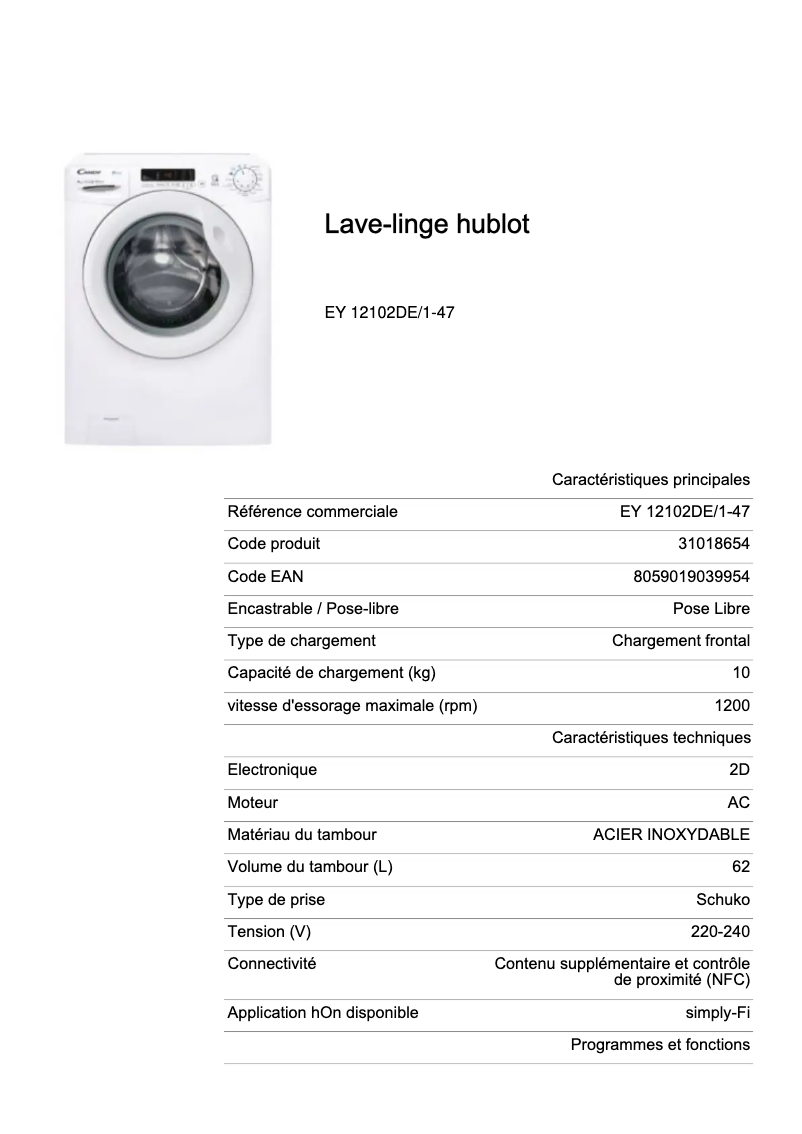 Page 1 de la notice Fiche technique Candy EY 12102DE/1-47