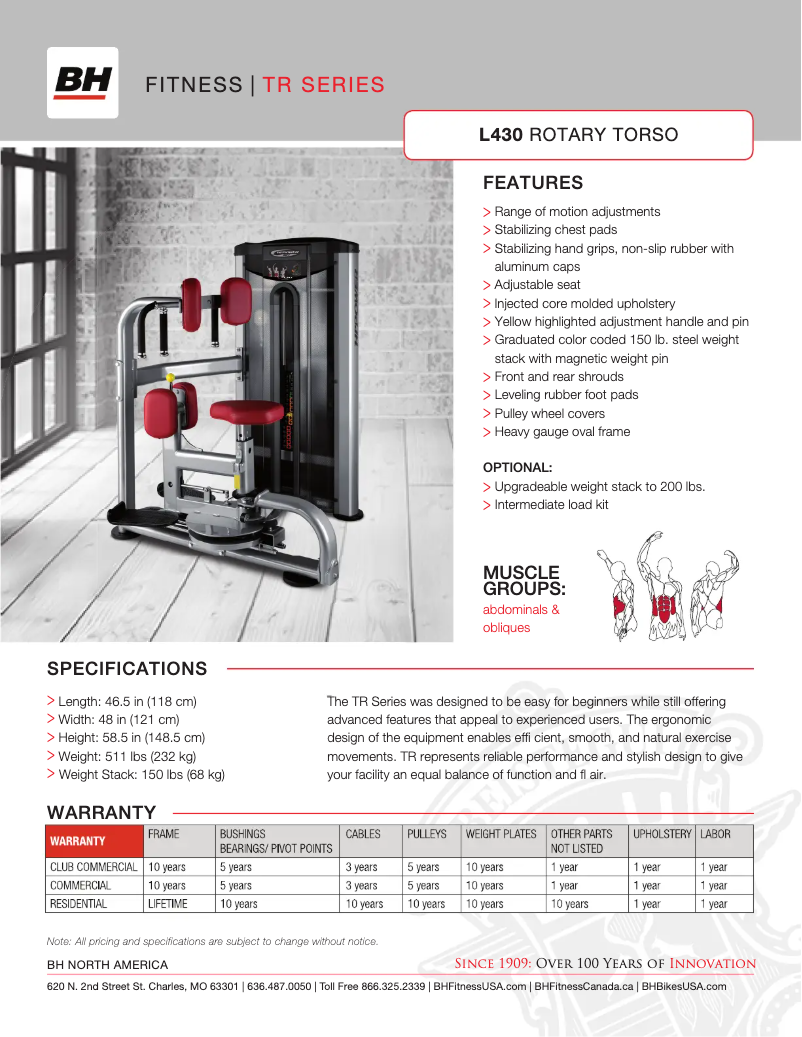 Page 1 de la notice Fiche technique BH Fitness L430
