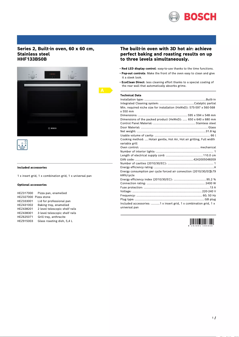 Página 1 del manual Ficha técnica Bosch HHF133BS0B
