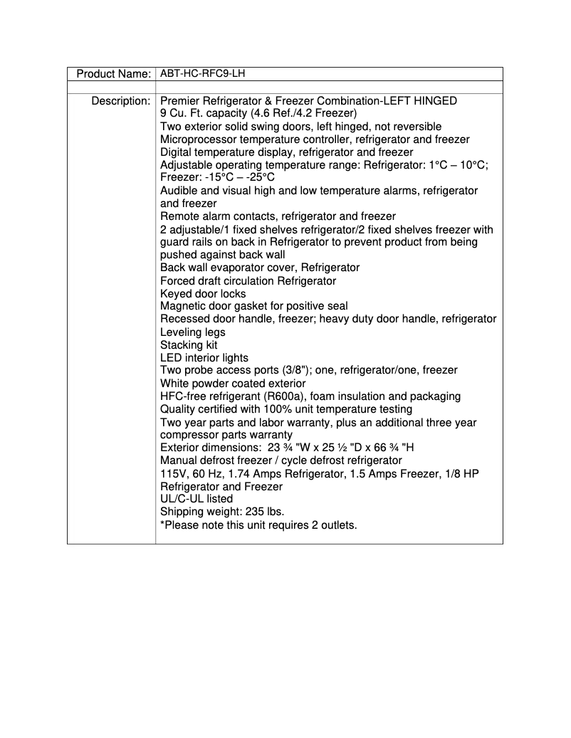 Page 1 de la notice Manuel utilisateur American BioTech Supply ABT-HC-RFC9-LH