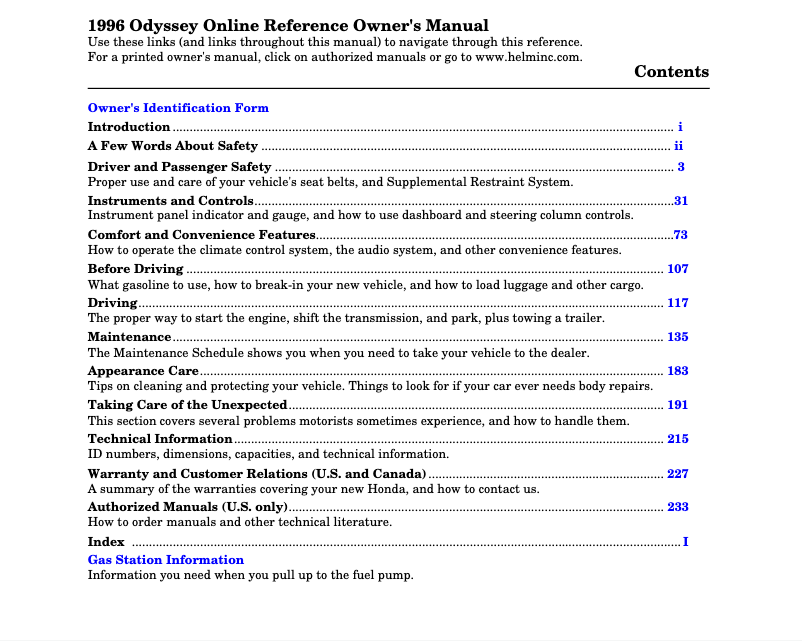 Page 1 de la notice Manuel utilisateur Honda Odyssey (1996)
