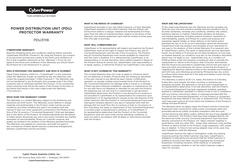 Page n°1 - Informations de garantie CyberPower PDU31116