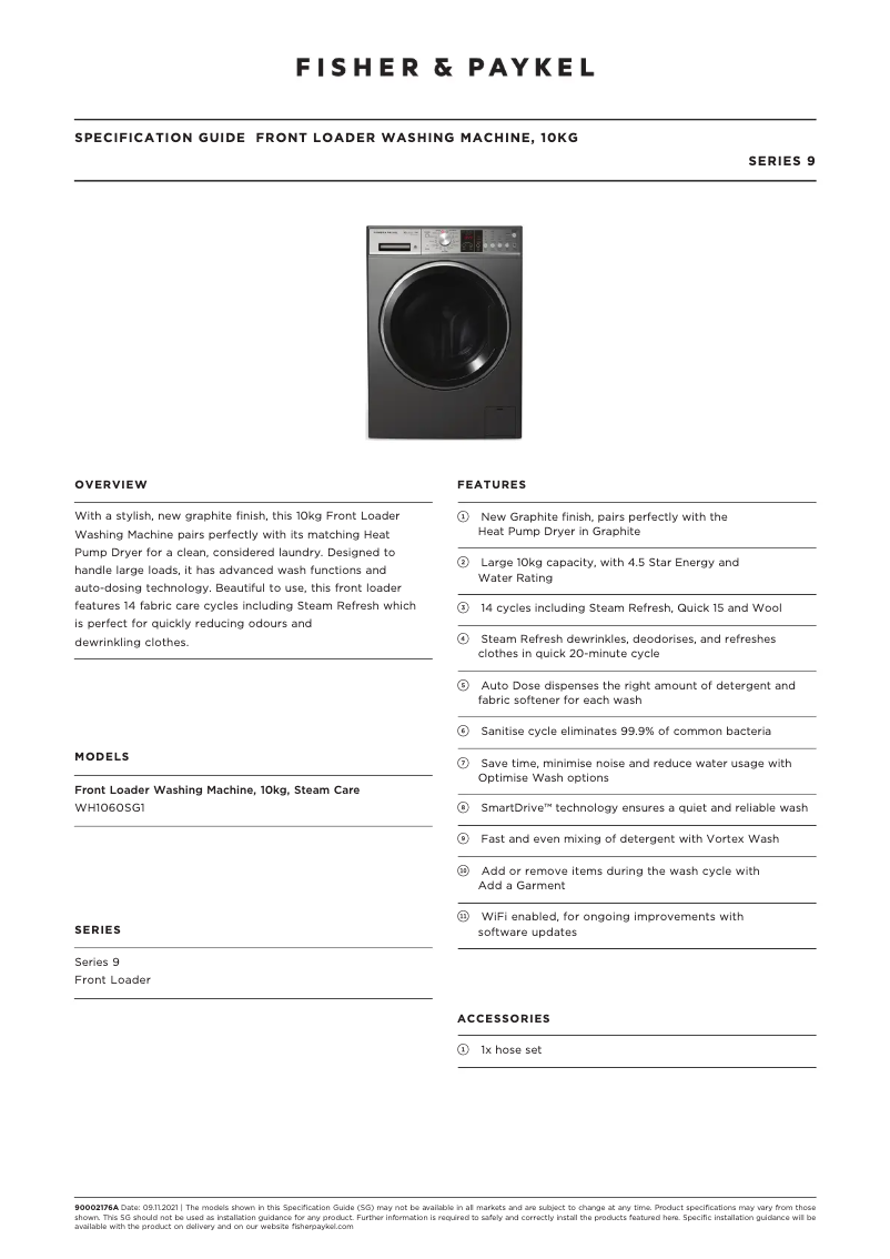 Page 1 de la notice Fiche technique Fisher & Paykel WH1060SG1