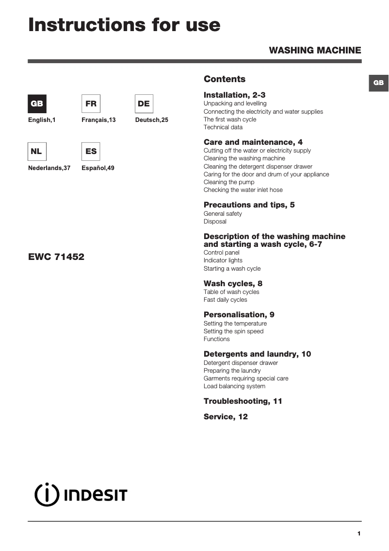 Image de la première page du manuel de l'appareil EWC 71452