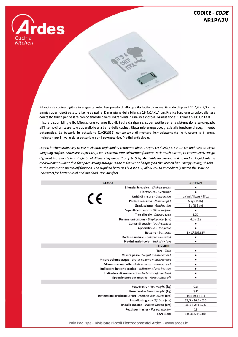 Page 1 de la notice Fiche technique Ardes AR1PA2V