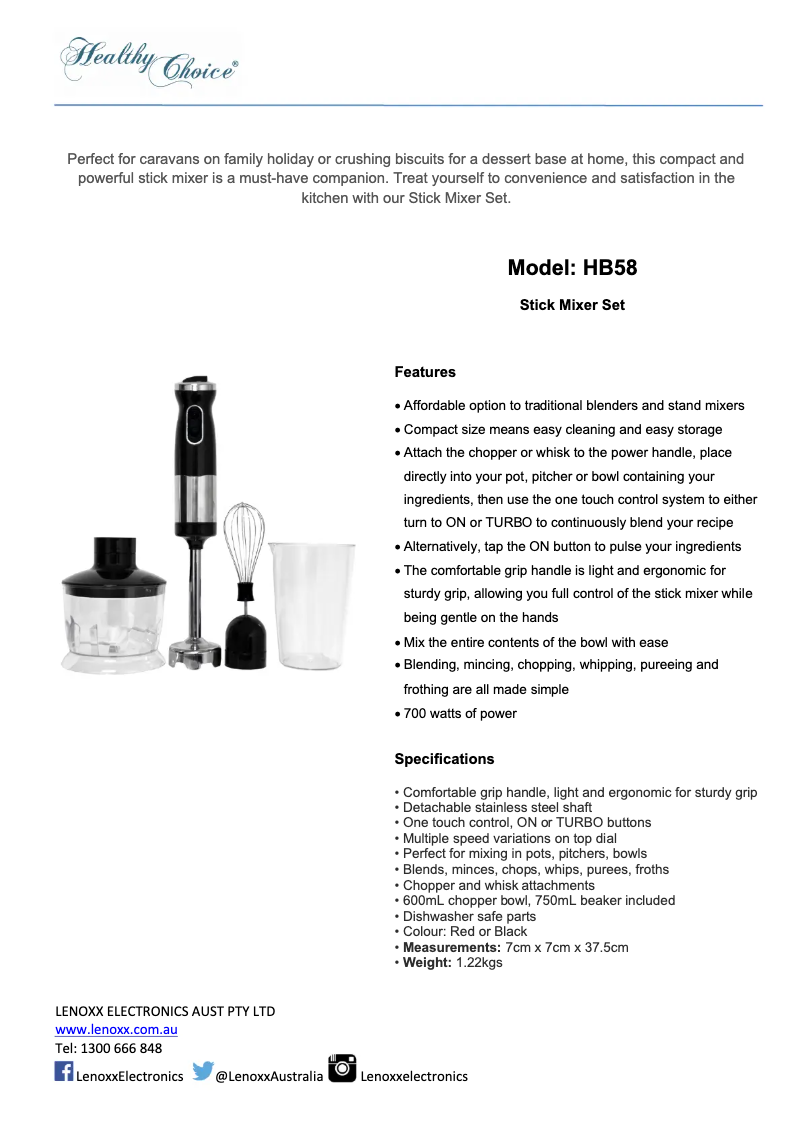 Página 1 del manual Ficha técnica Healthy Choice HB57