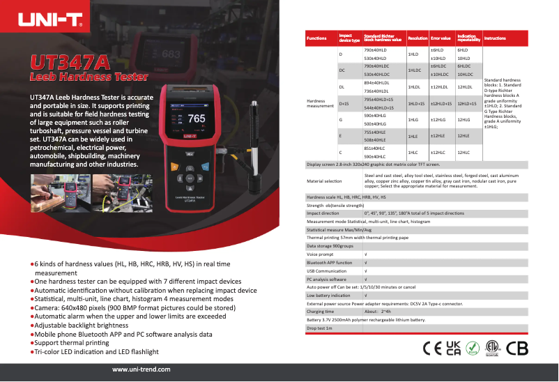 Page 1 de la notice Fiche technique Uni-T UT347A