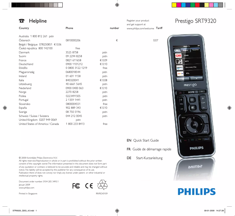 Page 1 de la notice Guide de démarrage rapide Philips Prestigo SRT9320