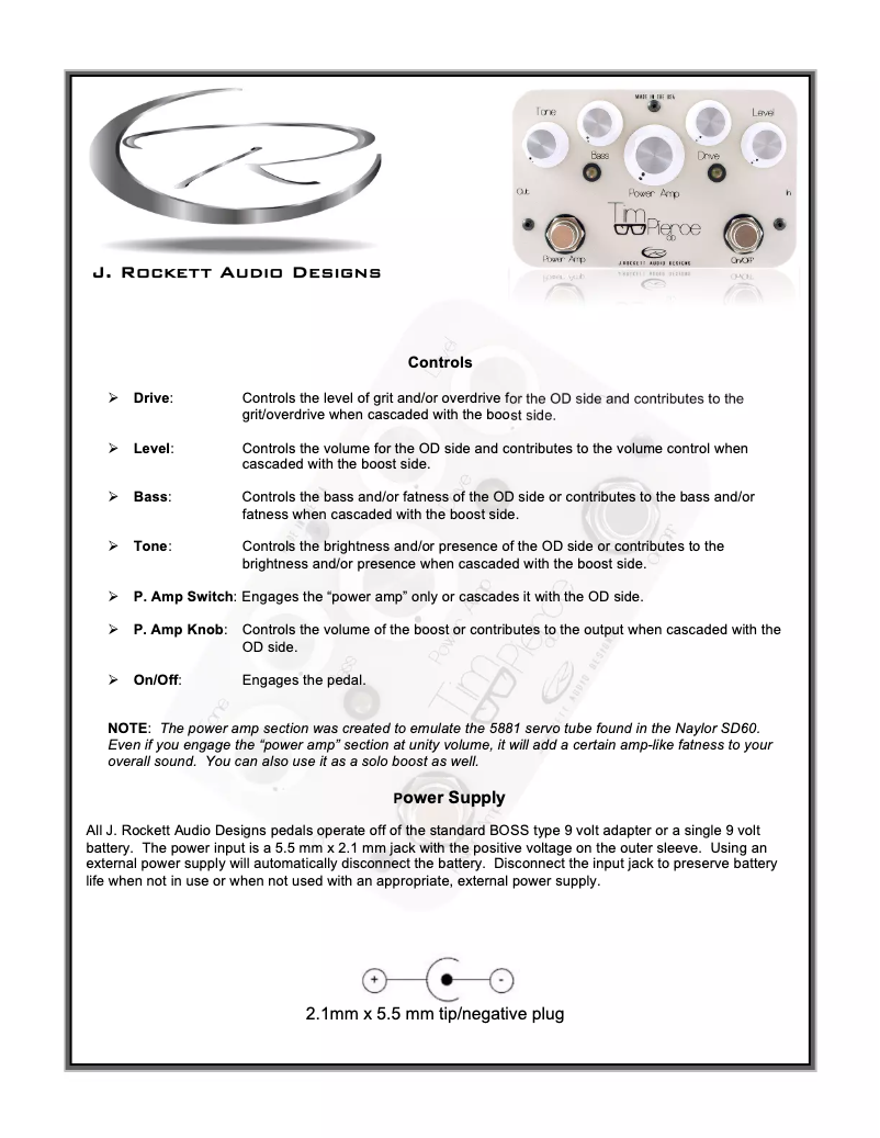 Page 1 de la notice Manuel utilisateur J. Rockett Audio Designs Tim Pierce