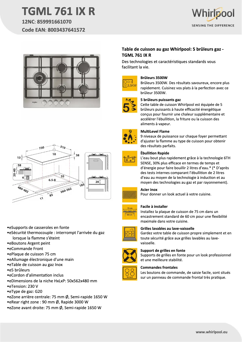 Page 1 de la notice Fiche technique Whirlpool TGML 761 IX
