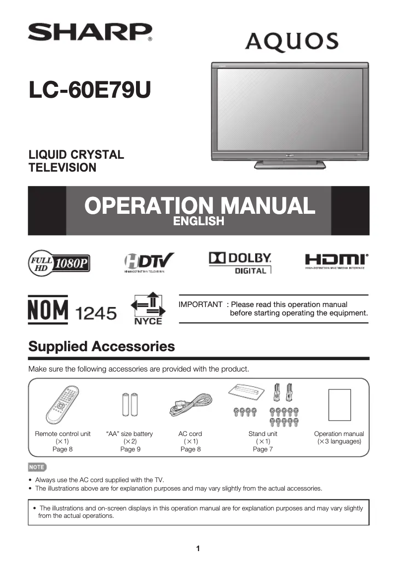 Image de la première page du manuel de l'appareil AQUOS LC-60E79U