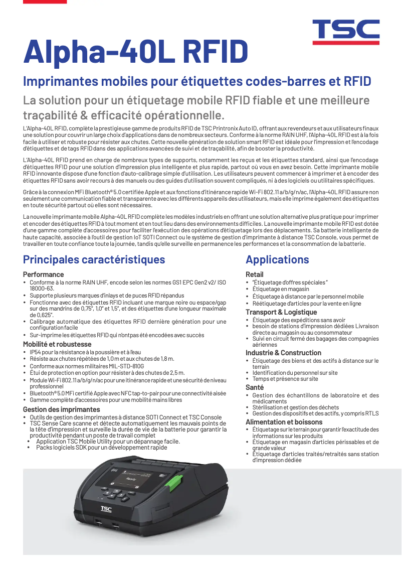 Page 1 de la notice Fiche technique TSC Alpha-40L