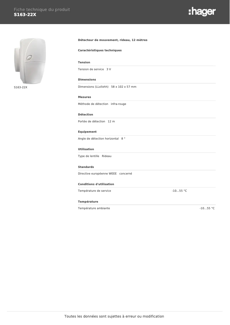 Page 1 de la notice Fiche technique Hager S163-22X