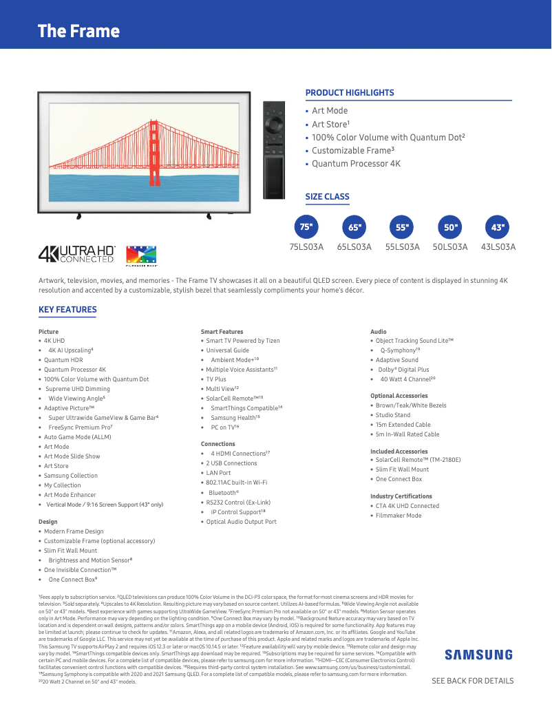 Page n°1 - Fiche technique Samsung QN50LS03AAFXZA