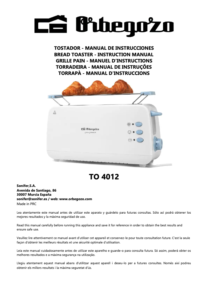 Page n°1 - Manuel utilisateur Orbegozo TO 4012