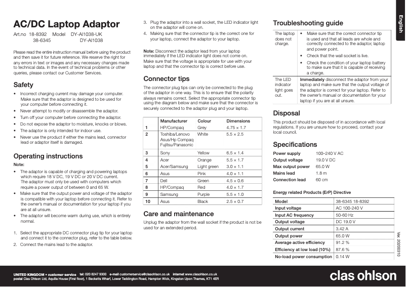 Image de la première page du manuel de l'appareil DY-AI1038