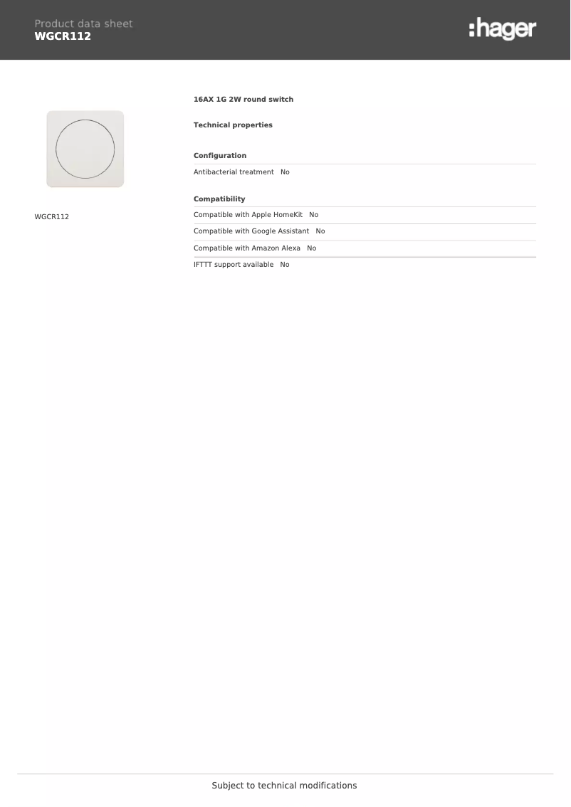 Page n°1 - Fiche technique Hager WGCR112